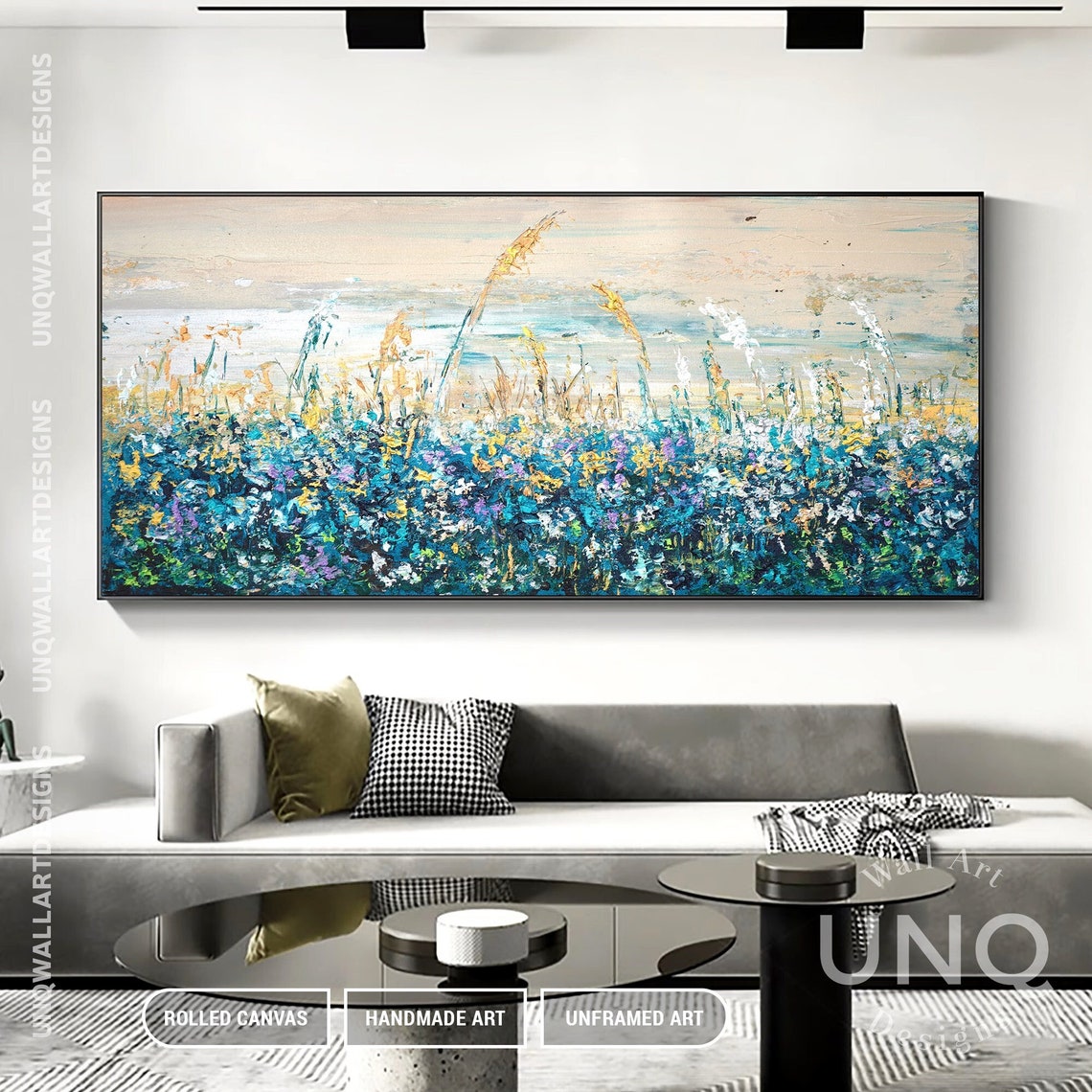 Blue Lavender Wildflower Meadow Oil Painting Golden Grass Field Poster - Image 2