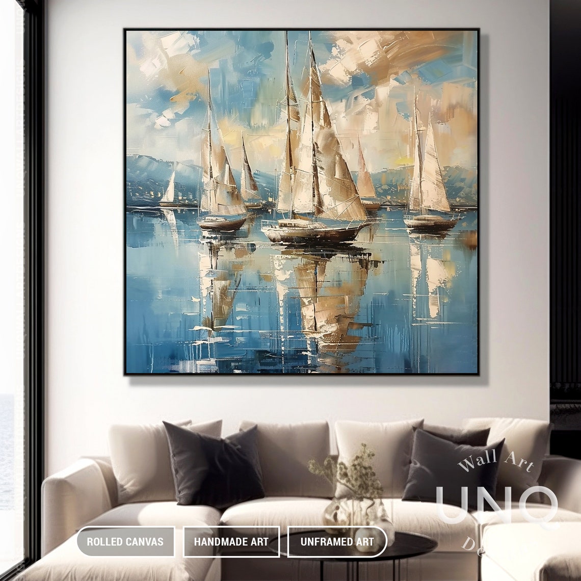 Original Nautical Sailboat Oil Painting On Extra Large Blue Ocean Wall Decor Master Bedroom Sail Harbor Wall Painting Gift - Image 6