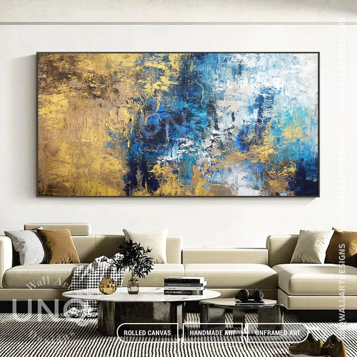 Navy Blue And Gold Vertical Heavy Texture Modern Abstract Art Poster - Image 2