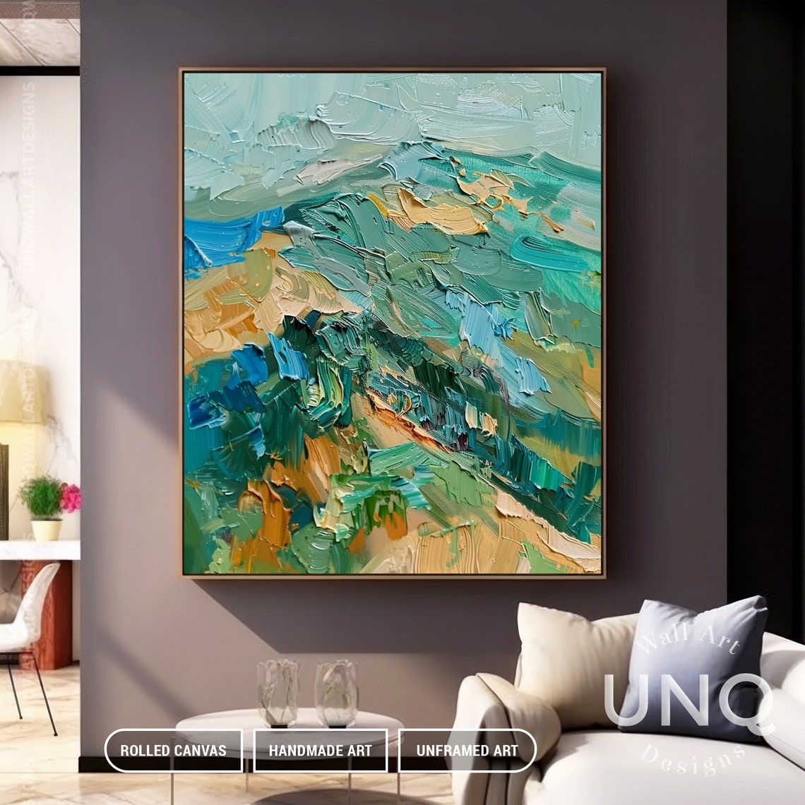 Green Blue And Gold Impasto Mountain Modern Landscape Painting Poster - Image 5