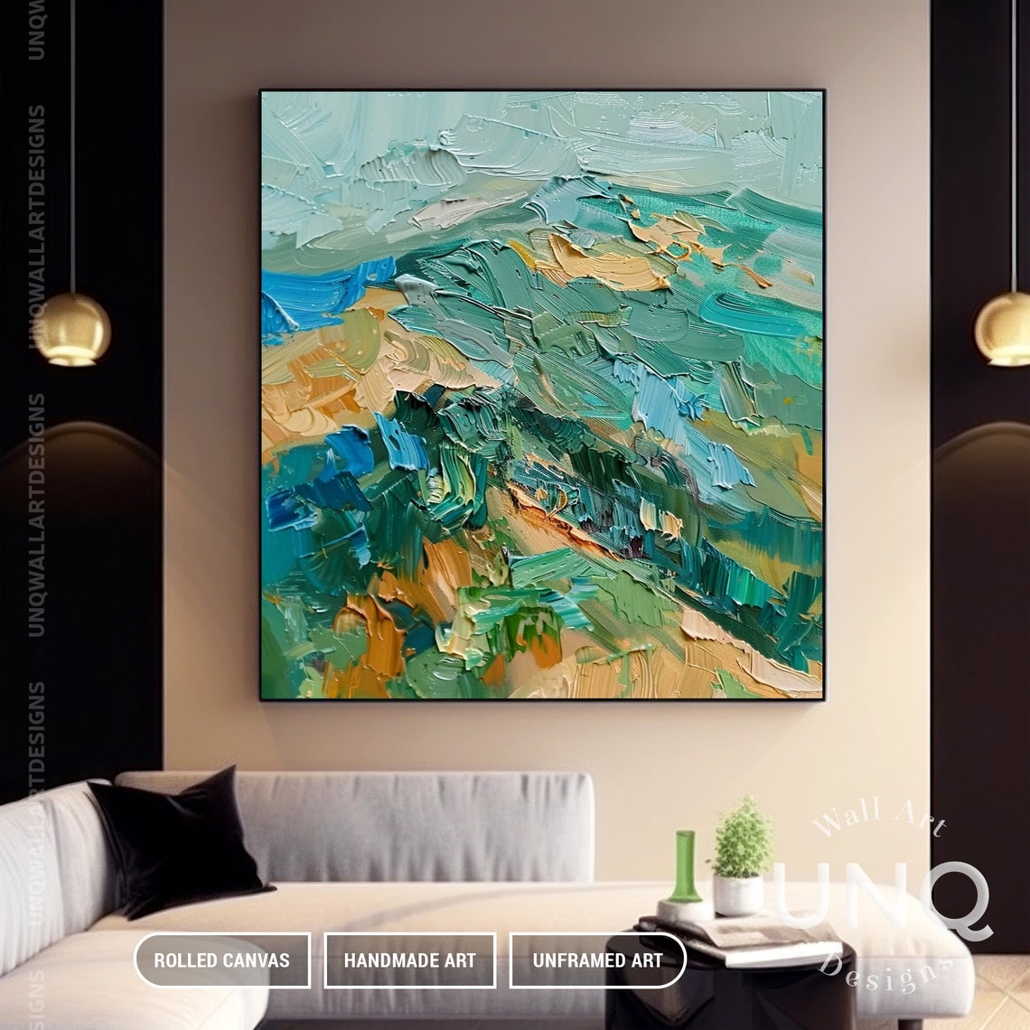 Original Mountain Scenery Painting On Heavy Green Palette Knife Texture Wall Art Unique Stylish Mountain Landscape Wall Decor - Image 4