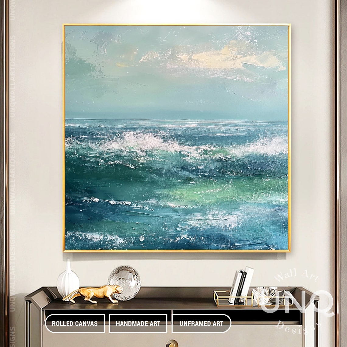 Teal Ocean Waves And Pale Sky Minimalist Modern Seascape Poster - Image 3