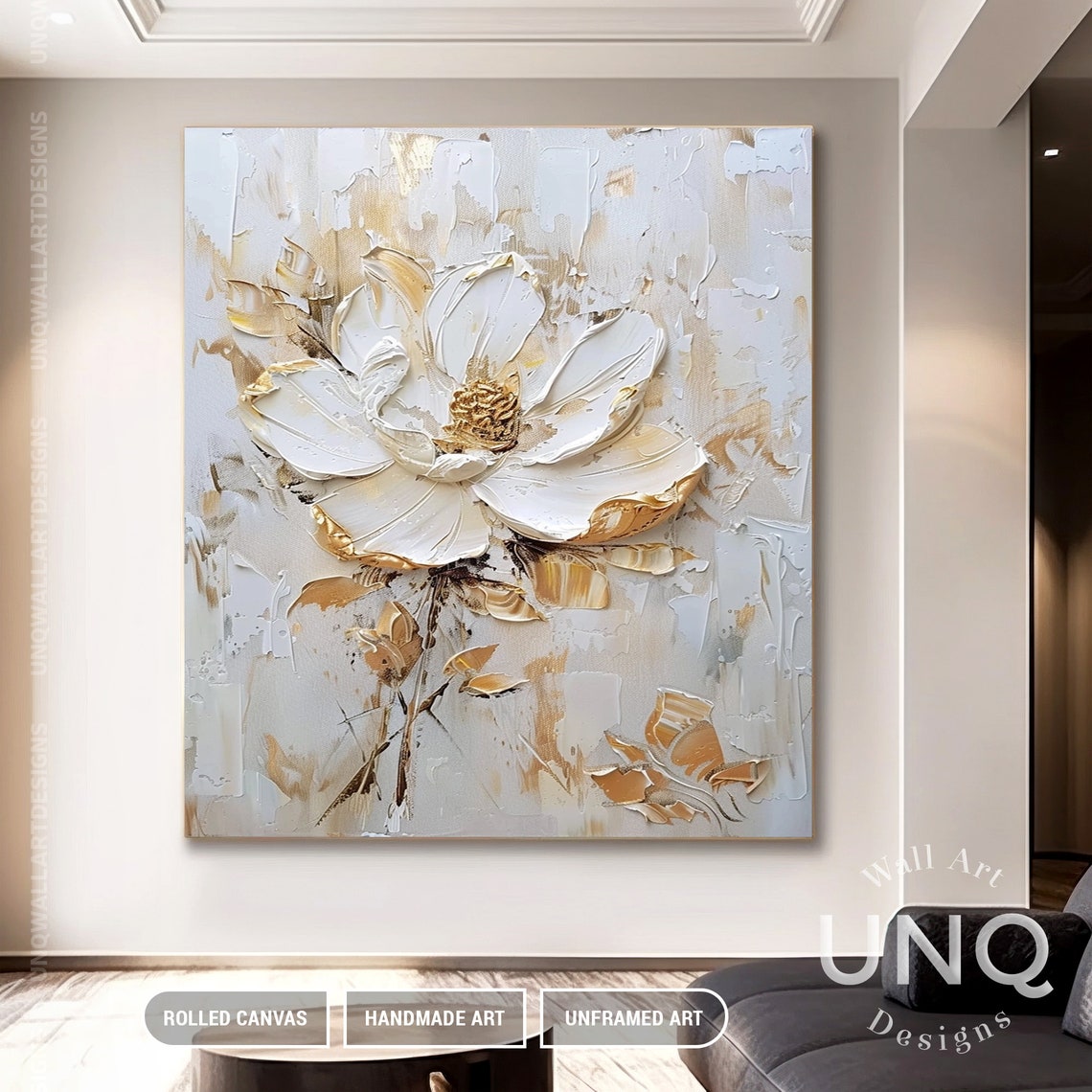 White And Gold Impasto Flower On Pale Grey Modern Floral Art Poster - Image 3