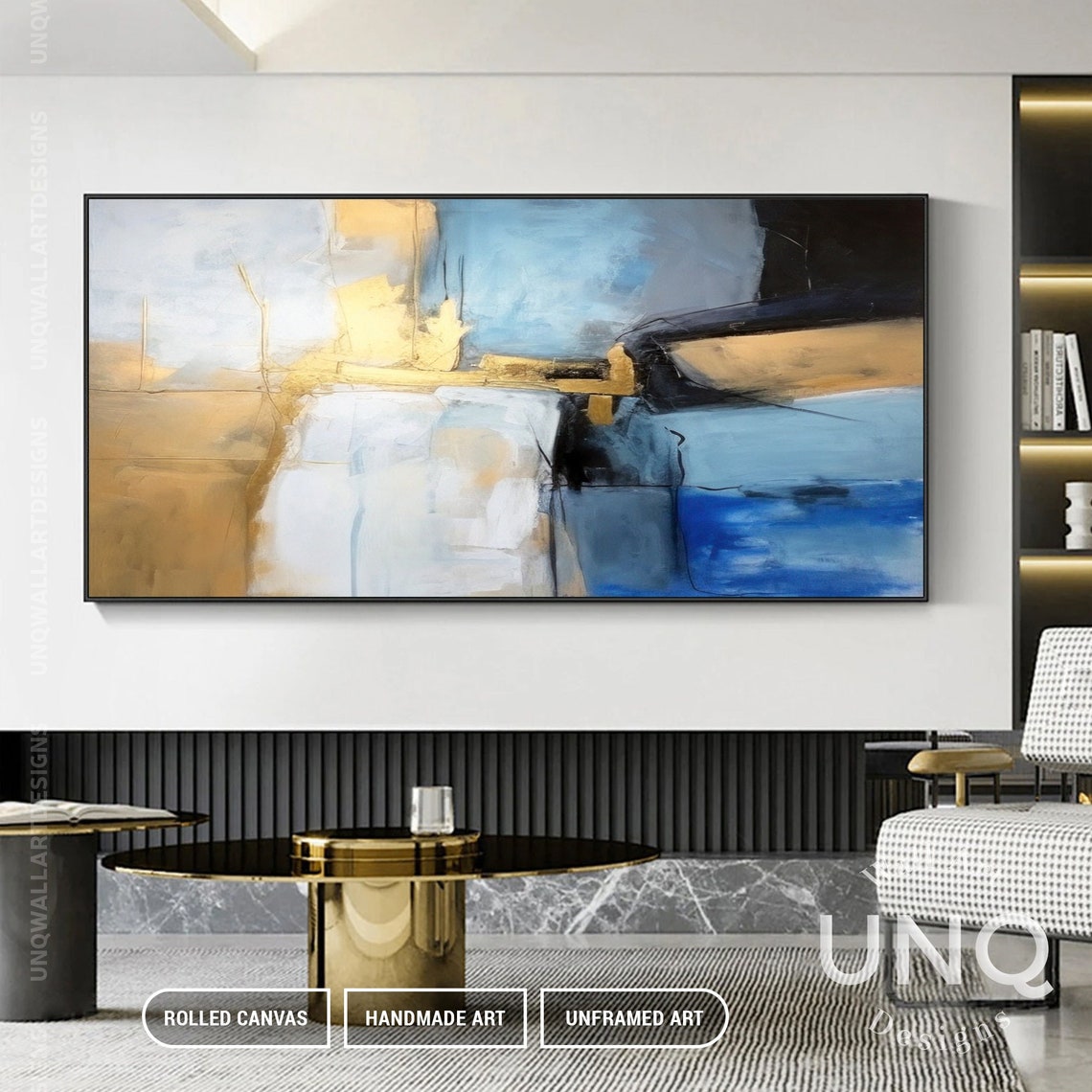 Gold And Blue Geometric Abstract Painting Modern Square Decor Poster - Image 4