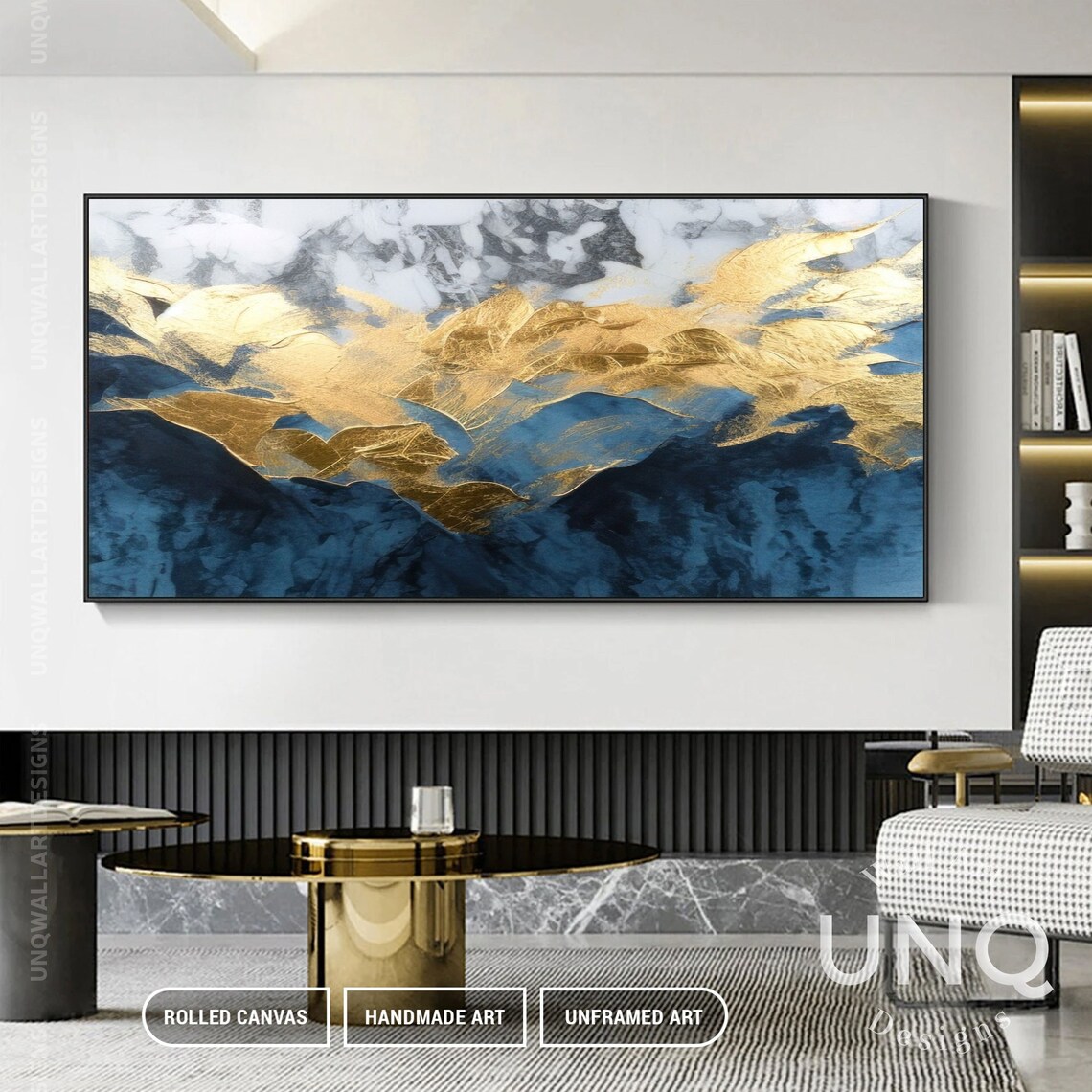 Blue Gold Leaf Abstract Art, Grey Gold Texture Print - Image 5