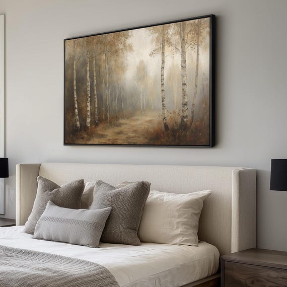Framed Birch Forest Canvas Print Muted Autumn Landscape Wall Art