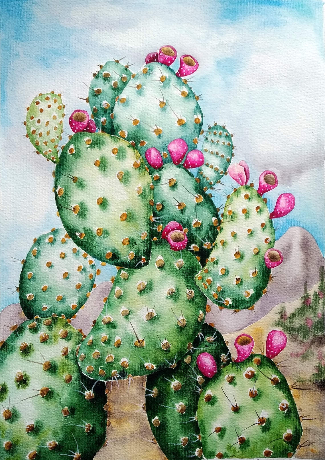 Prickly Pear Cactus Watercolor Art Print, Arizona