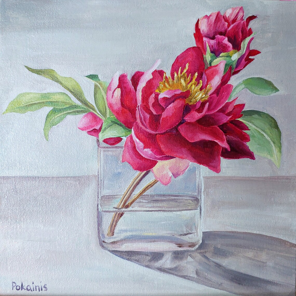 Red Peonies in Clear Glass Vase Oil Floral Still Life Poster