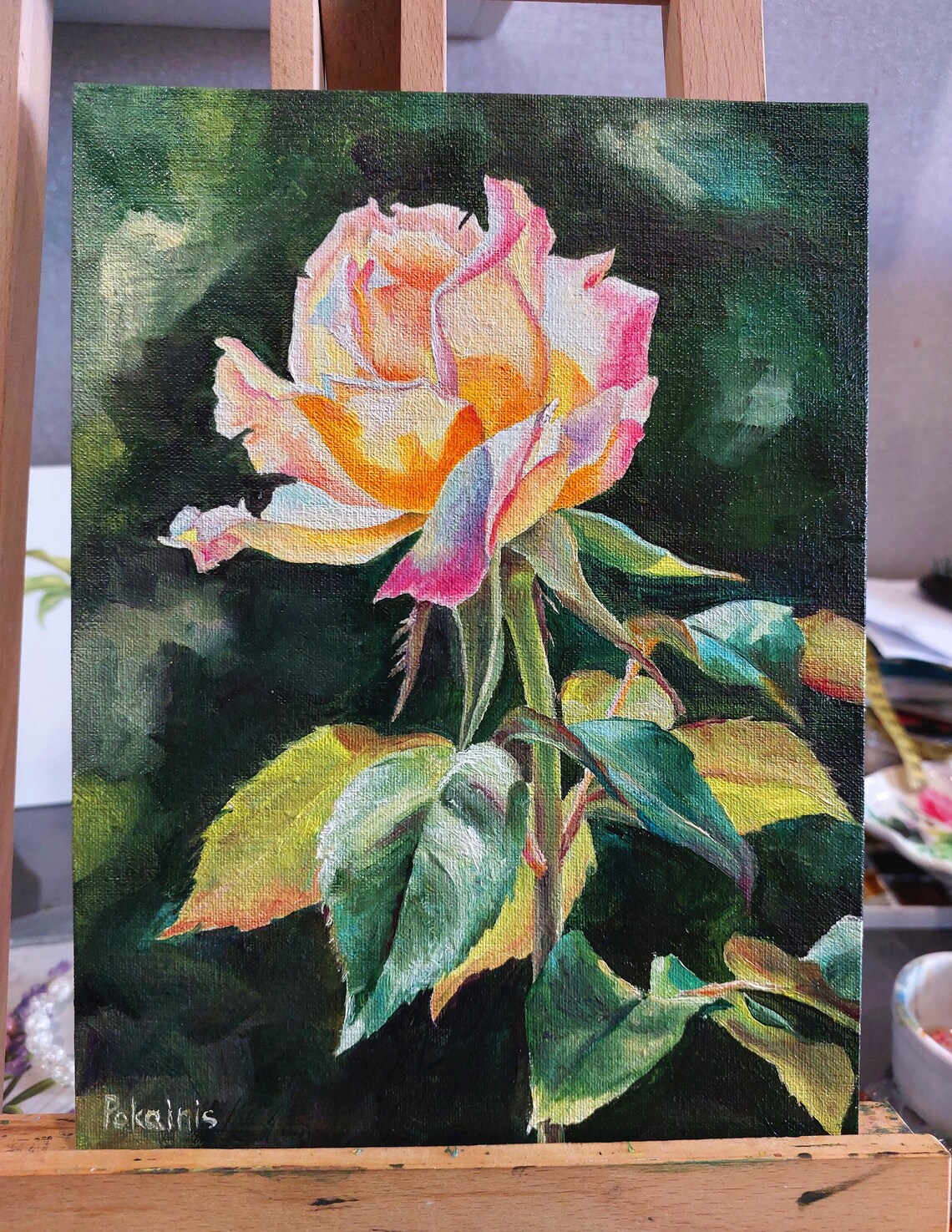 Yellow Pink Rose Oil Painting Sunlit Garden Flower Close Up Poster - Image 5