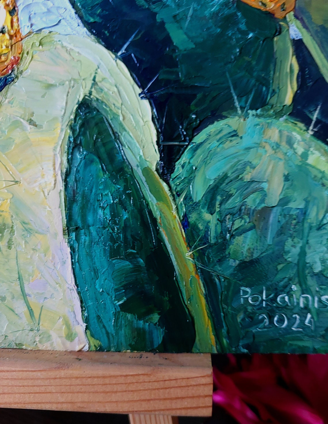 Prickly Pear Cactus Oil Painting Poster Yellow Fruit Blue Sky - Image 3