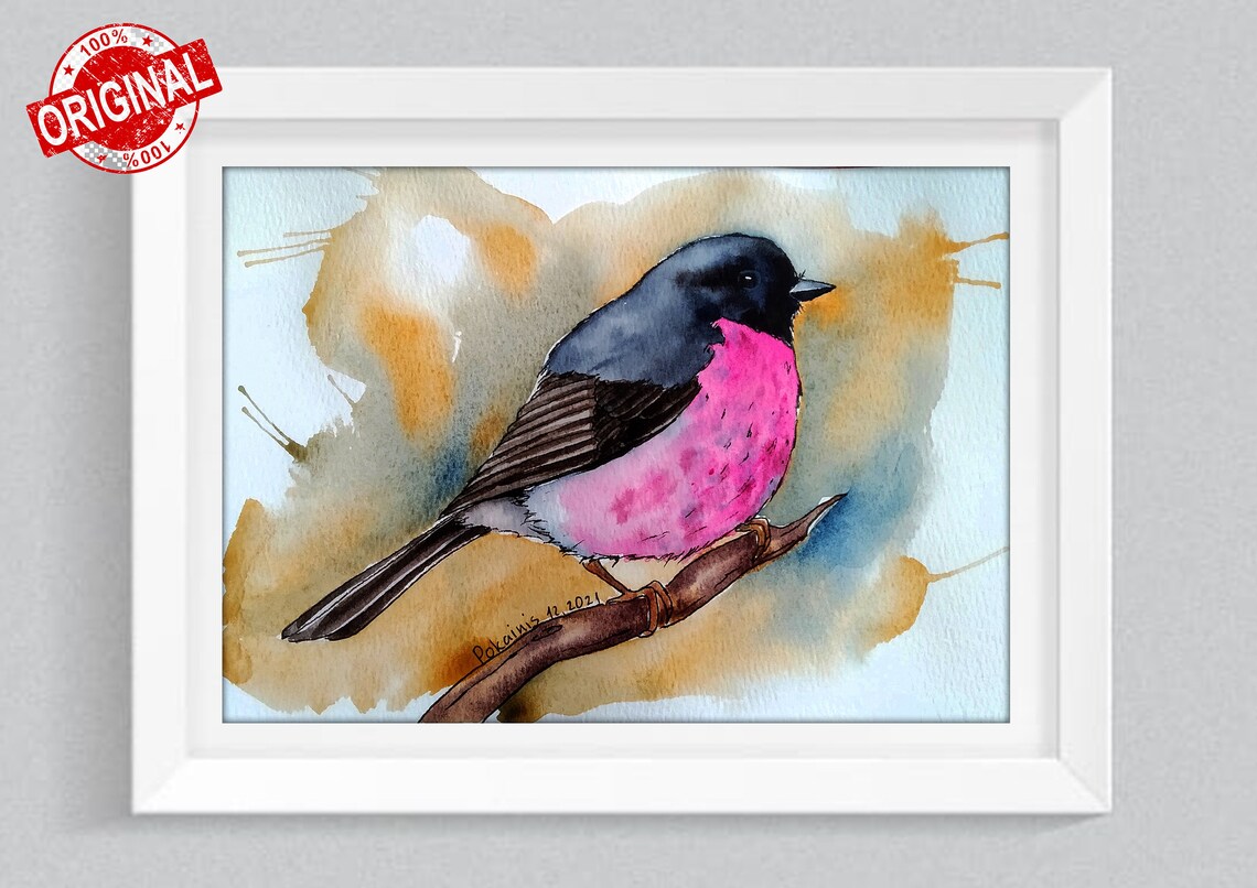 Pink Robin Bird on a Branch Watercolor Songbird Portrait Poster - Image 2