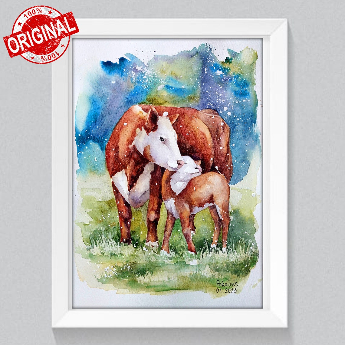 Bull Original Watercolor Painting Farm Animals Artwork Water Color Painting Cow Wall Art Cow With Calf Painting Countryside Painting - Image 2