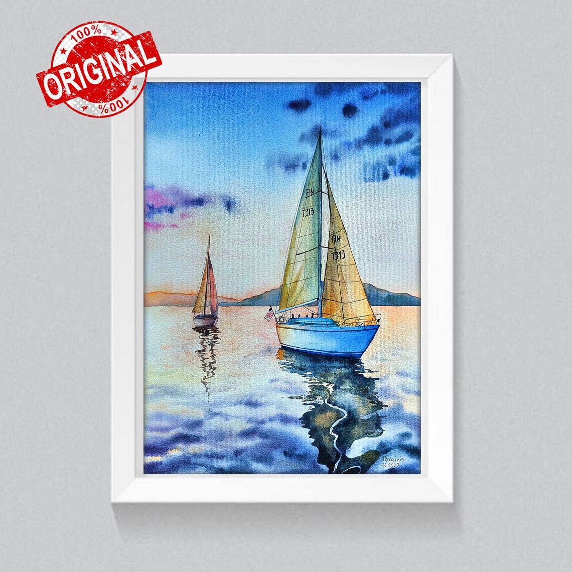 Two Sailboats At Sunset Watercolor Poster Golden Calm Sea View - Image 2