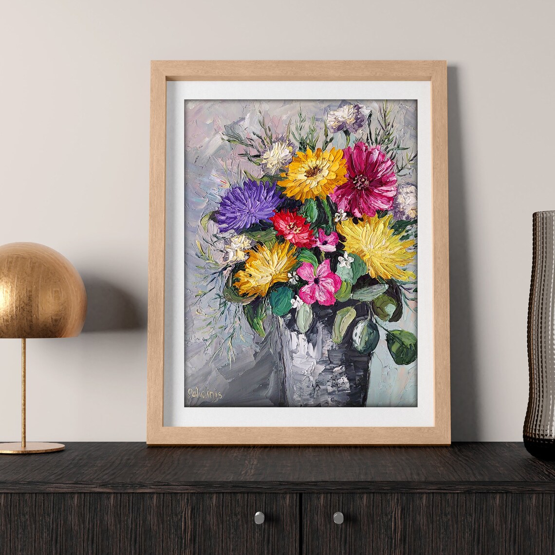 Colorful Chrysanthemum Bouquet in Dark Vase Impasto Oil Wall Art - Image 4