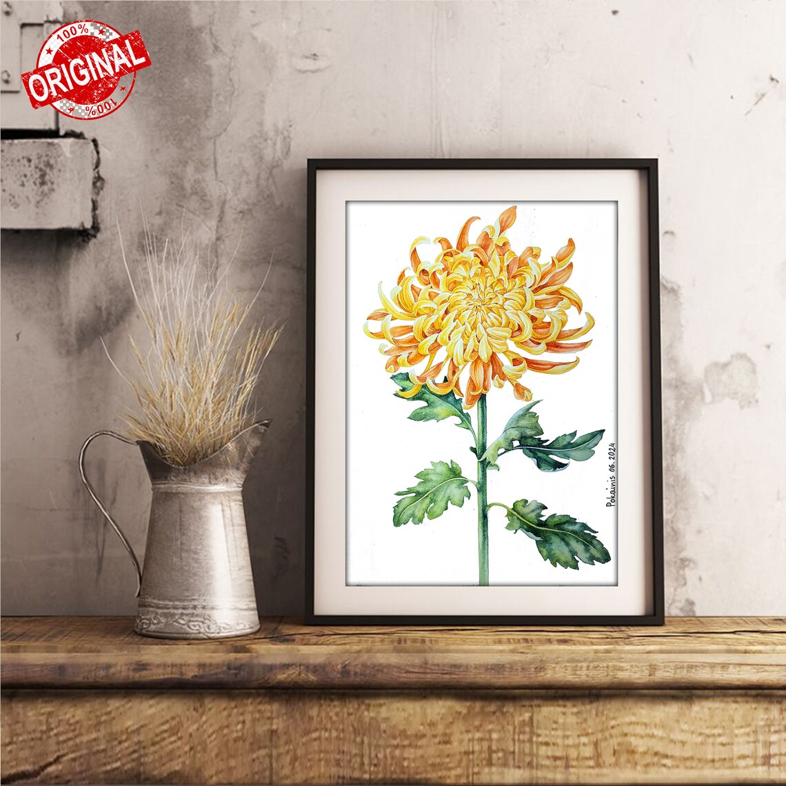 Yellow Spider Chrysanthemum Flower Watercolor Botanical Wall Art - Image 4