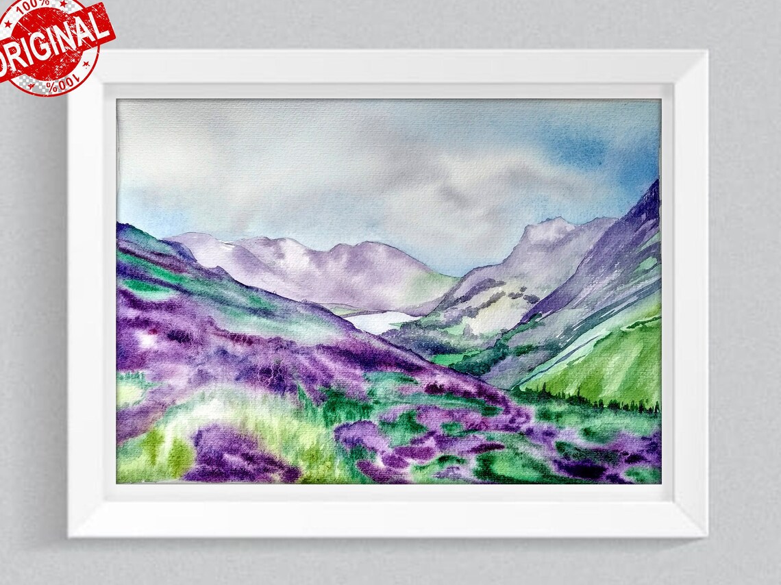 Purple Heather Hills Misty Gray Mountain Valley Watercolor Print - Image 2