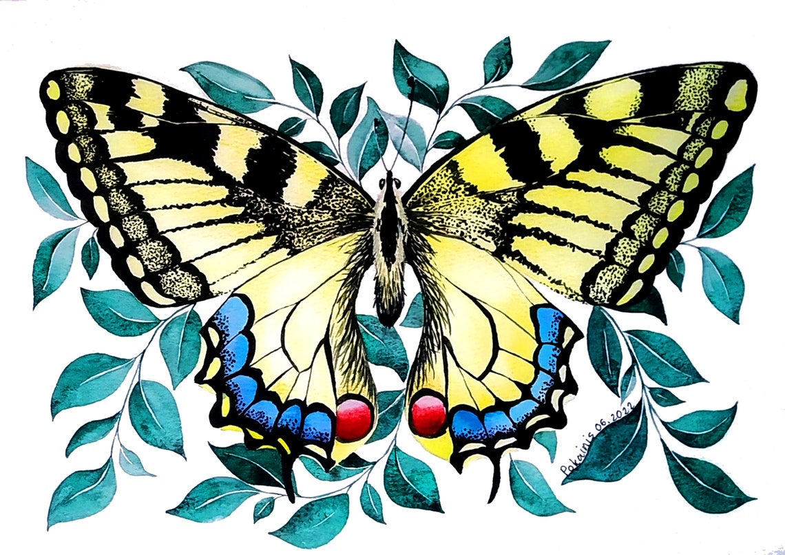 Butterfly Original Watercolor Painting Monarch Butterfly Ornament Botanical Wall Art Bug Painting Floral Still Life Garden Fine Art