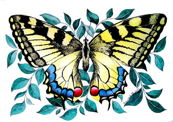 Butterfly Original Watercolor Painting Monarch Butterfly Ornament Botanical Wall Art Bug Painting Floral Still Life Garden Fine Art