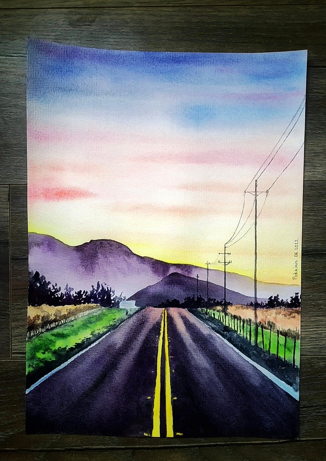 Open Road To Mountains Watercolor Poster Golden Sunset Drive - Image 2