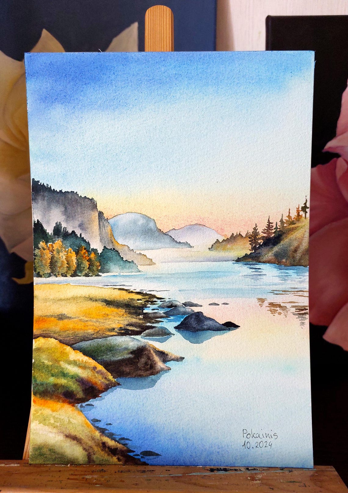 Original Watercolor Sunset Painting Quiet Dawn On A Mountain River Fine Art Landscape Wall Art Small Painting Misty Lake Sunset Artwork - Image 5