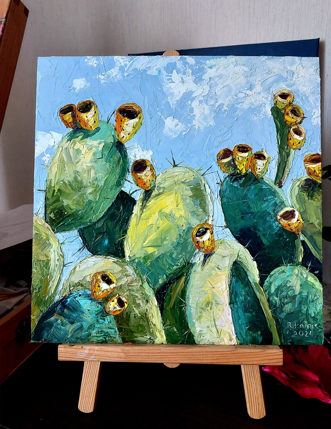 Prickly Pear Cactus Oil Painting Poster Yellow Fruit Blue Sky - Image 4