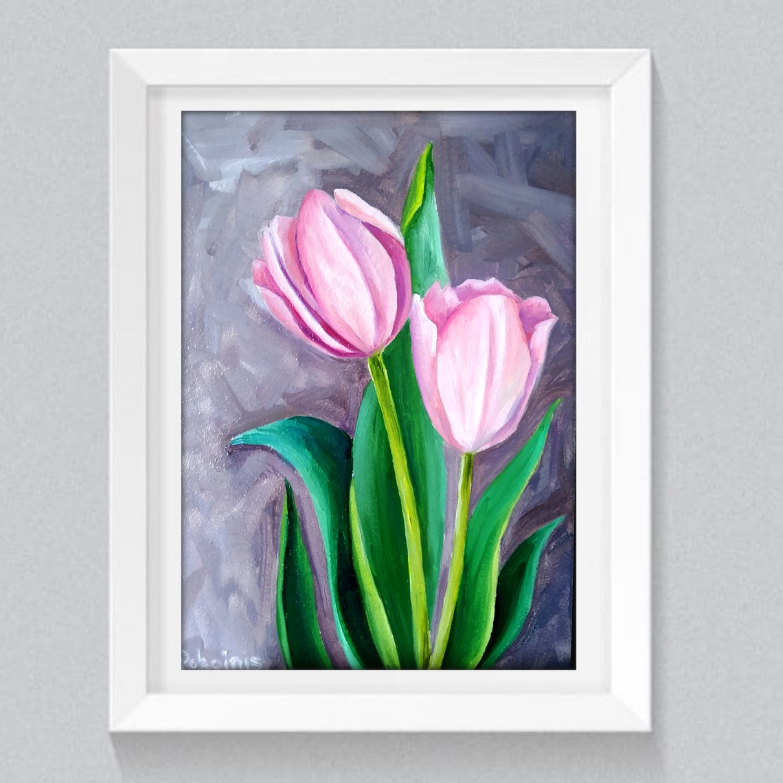 Two Pink Tulip Blossoms with Green Stems Oil Painting Poster - Image 2
