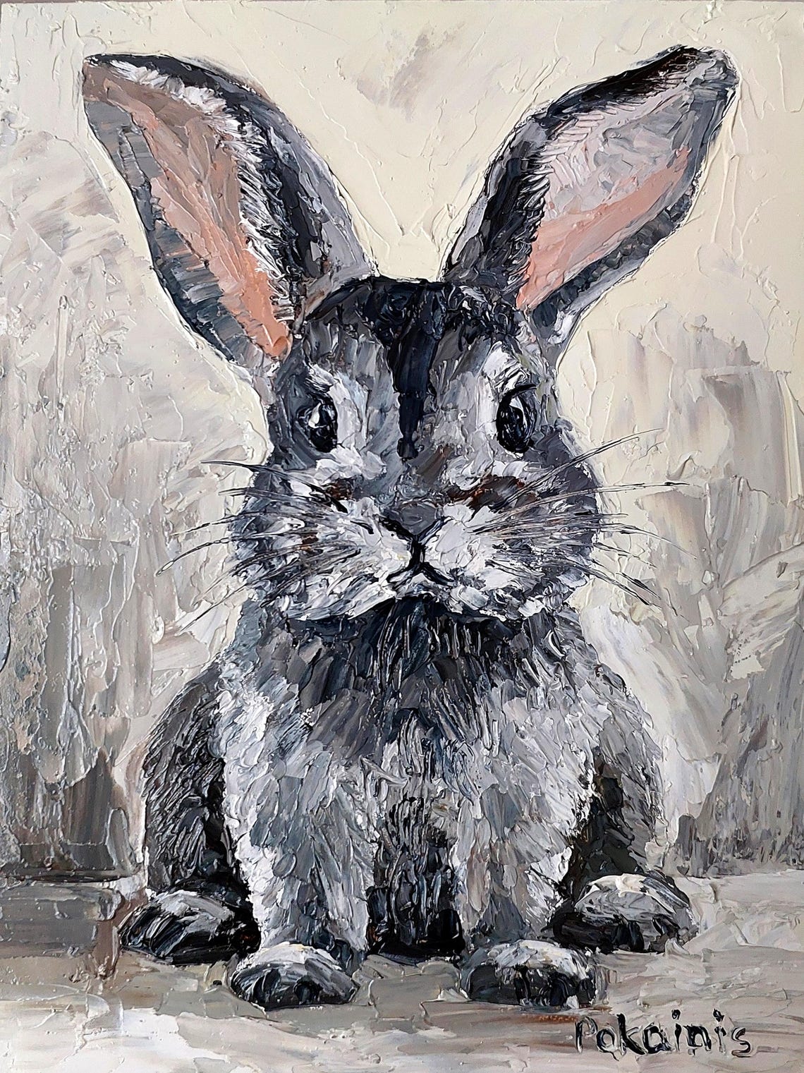 Gray Bunny Rabbit Portrait Textured Impasto Oil Painting Poster - Image 2