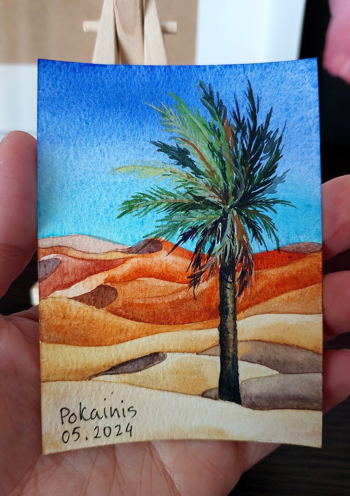 Lone Palm Tree over Red Desert Sand Dunes ACEO Watercolor Poster - Image 2