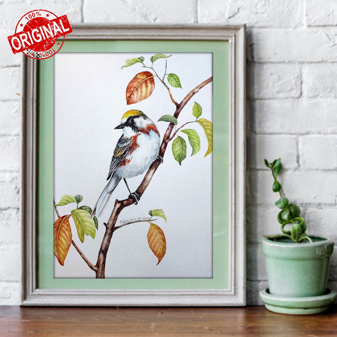 Yellow Crowned Songbird Watercolor Poster Perched On Autumn Branch - Image 5