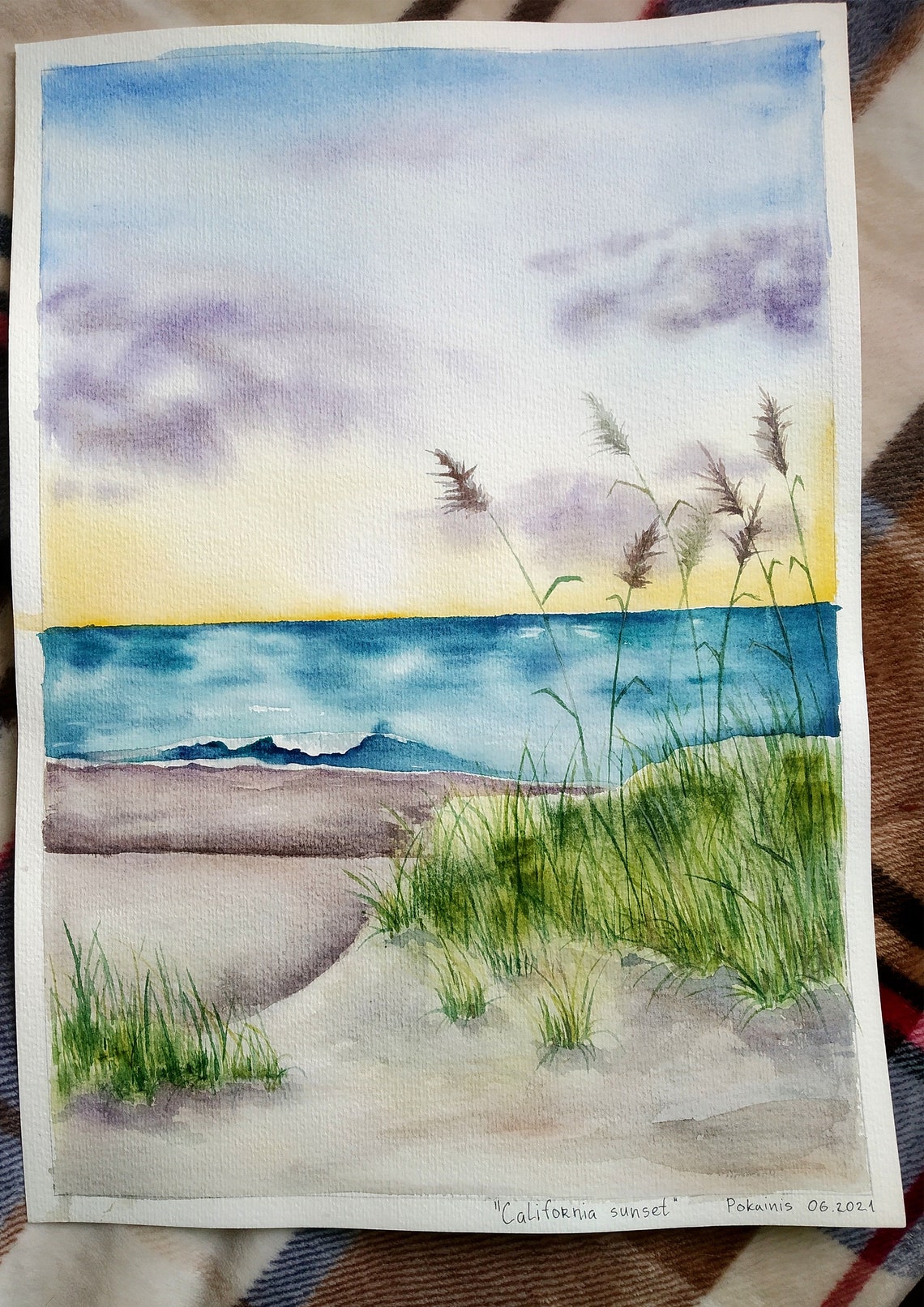 Beach Sunset Watercolor Poster With Dune Grass Ocean Shore View - Image 4