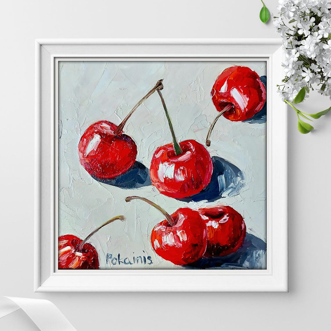 Scattered Red Cherries Impasto Oil Painting Poster Still Life - Image 3