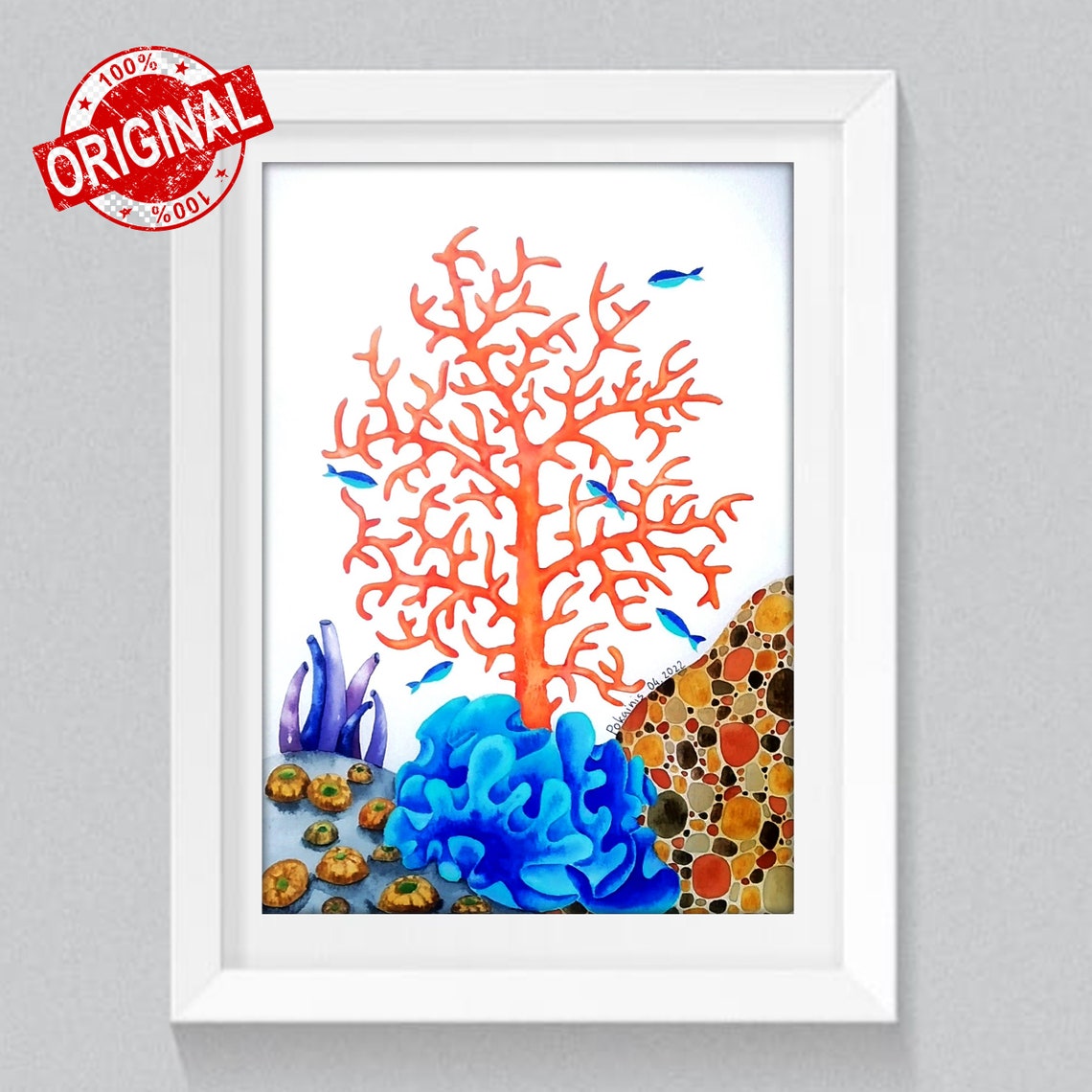 Red Branching Coral Reef with Blue Fish Watercolor Ocean Poster - Image 2