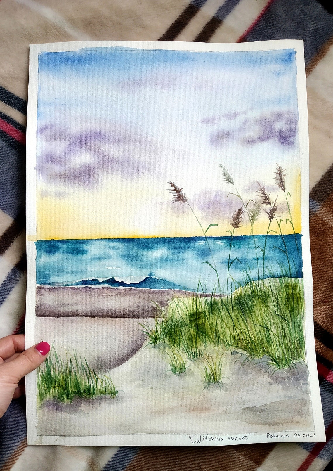 Beach Sunset Watercolor Poster With Dune Grass Ocean Shore View - Image 3