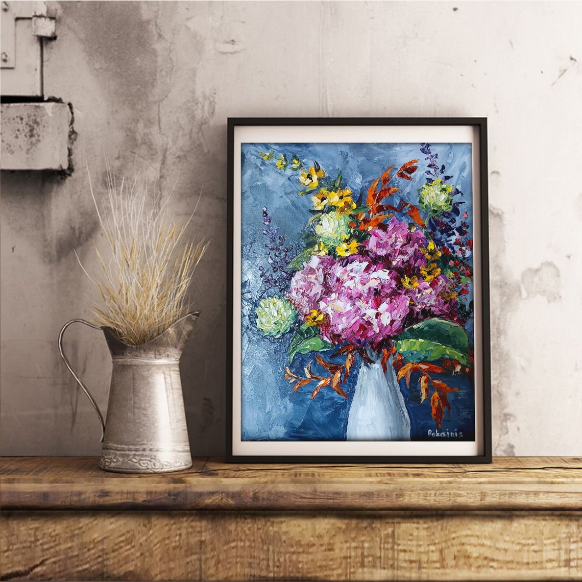 Billowy Pink Hydrangea White Vase Cool Blue Background Impasto Poster - Image 2