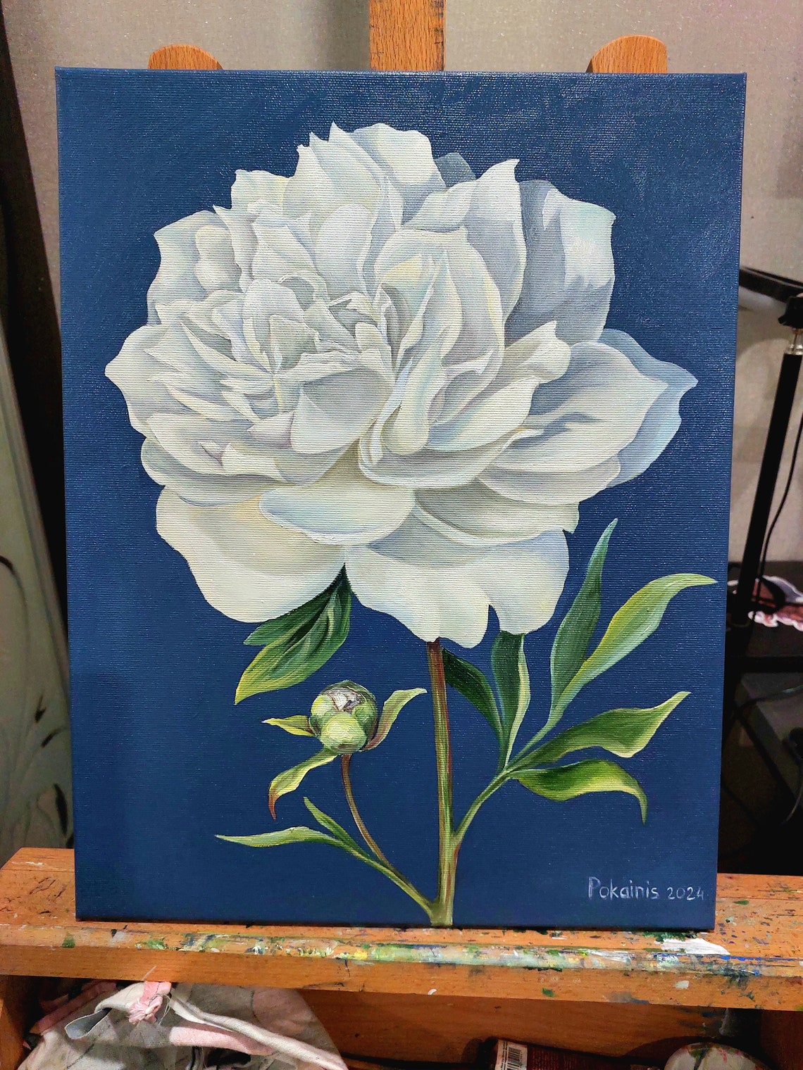 White Peony Oil Painting Poster With Bud On Deep Navy Background - Image 5