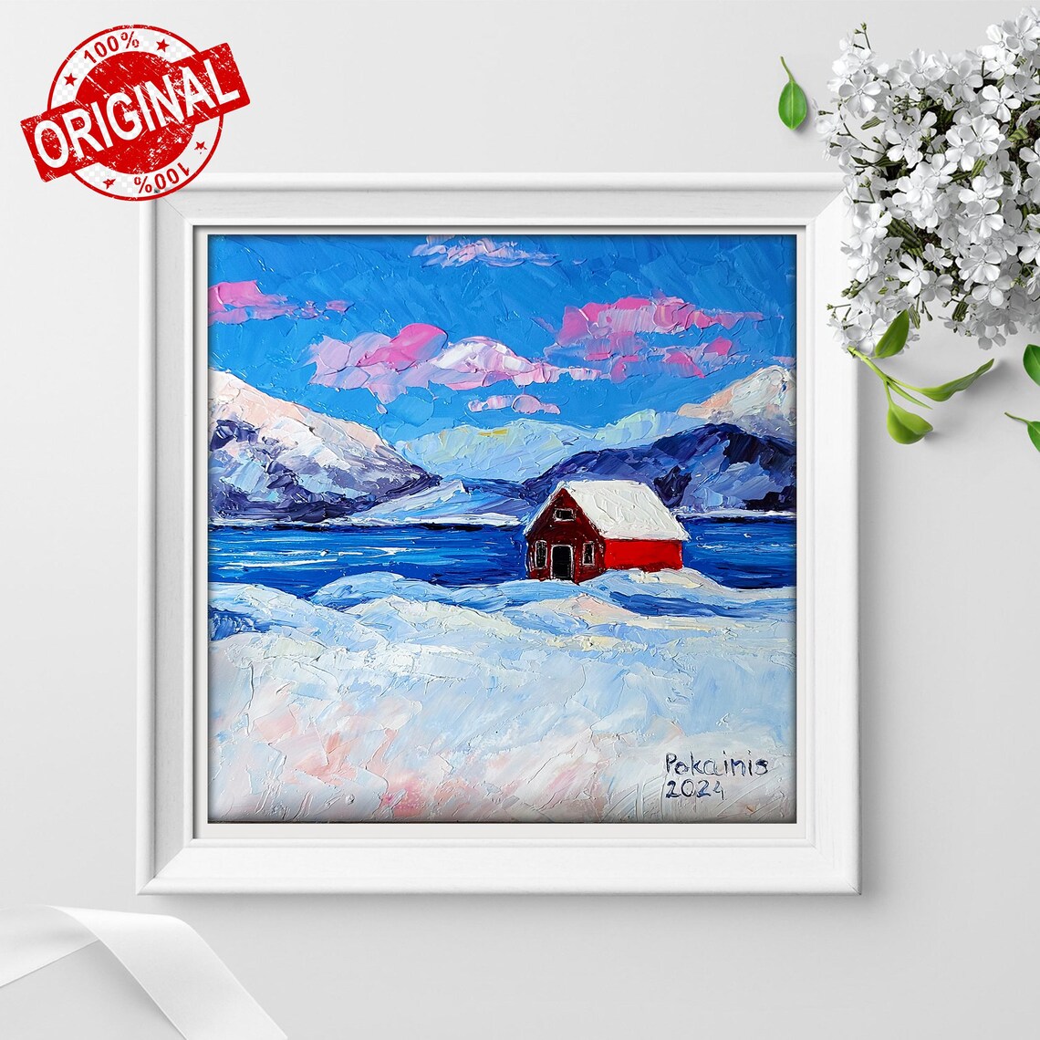 Red Cabin Winter Landscape Impasto Oil Painting Poster In Snow - Image 4