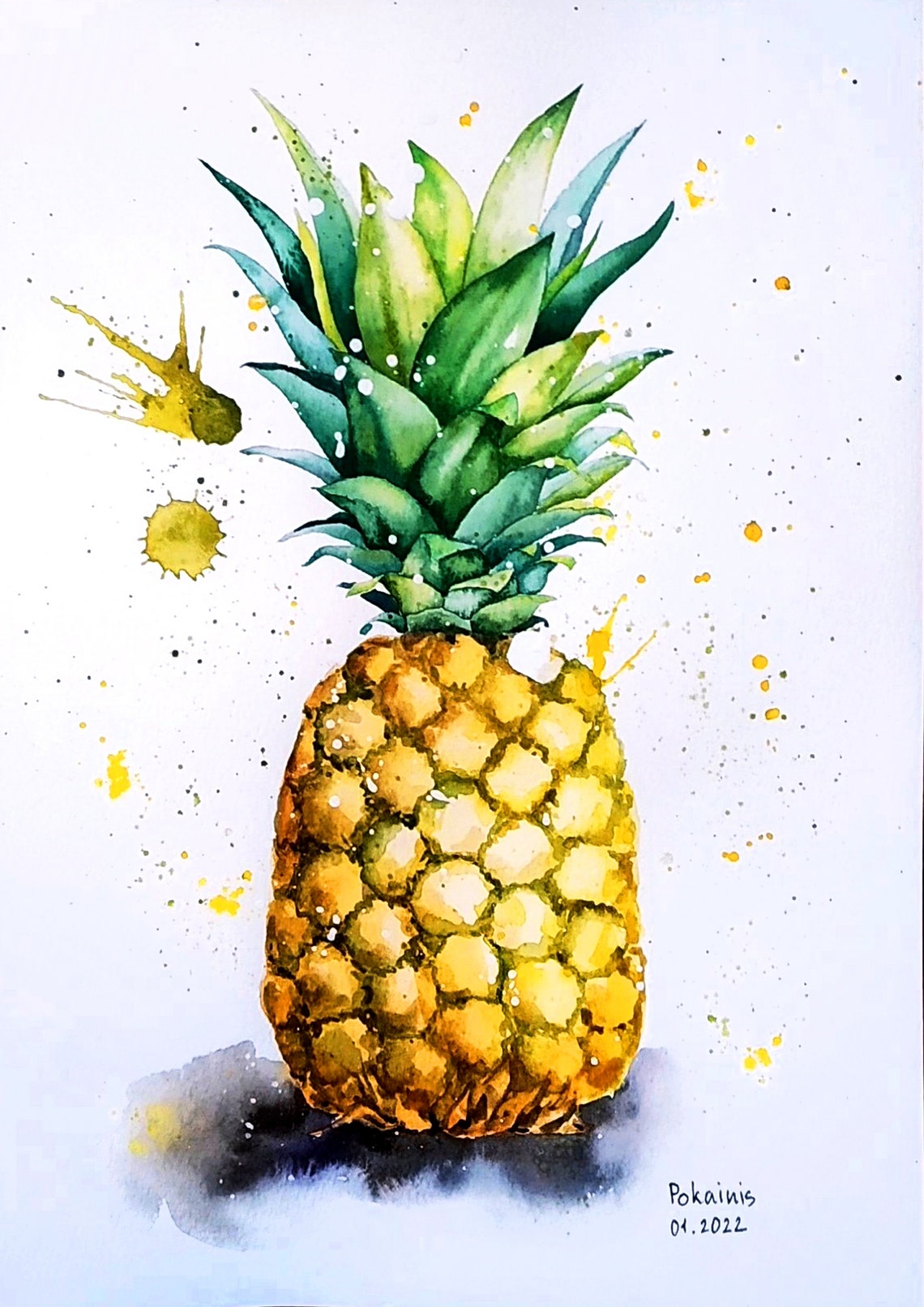 Ripe Tropical Pineapple Splash Paint Watercolor Kitchen Poster