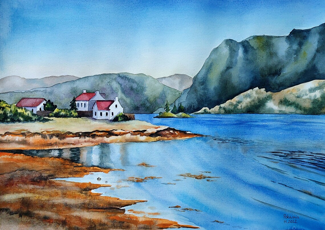 Lakeside Village White Houses Red Roofs Watercolor Scenic Poster