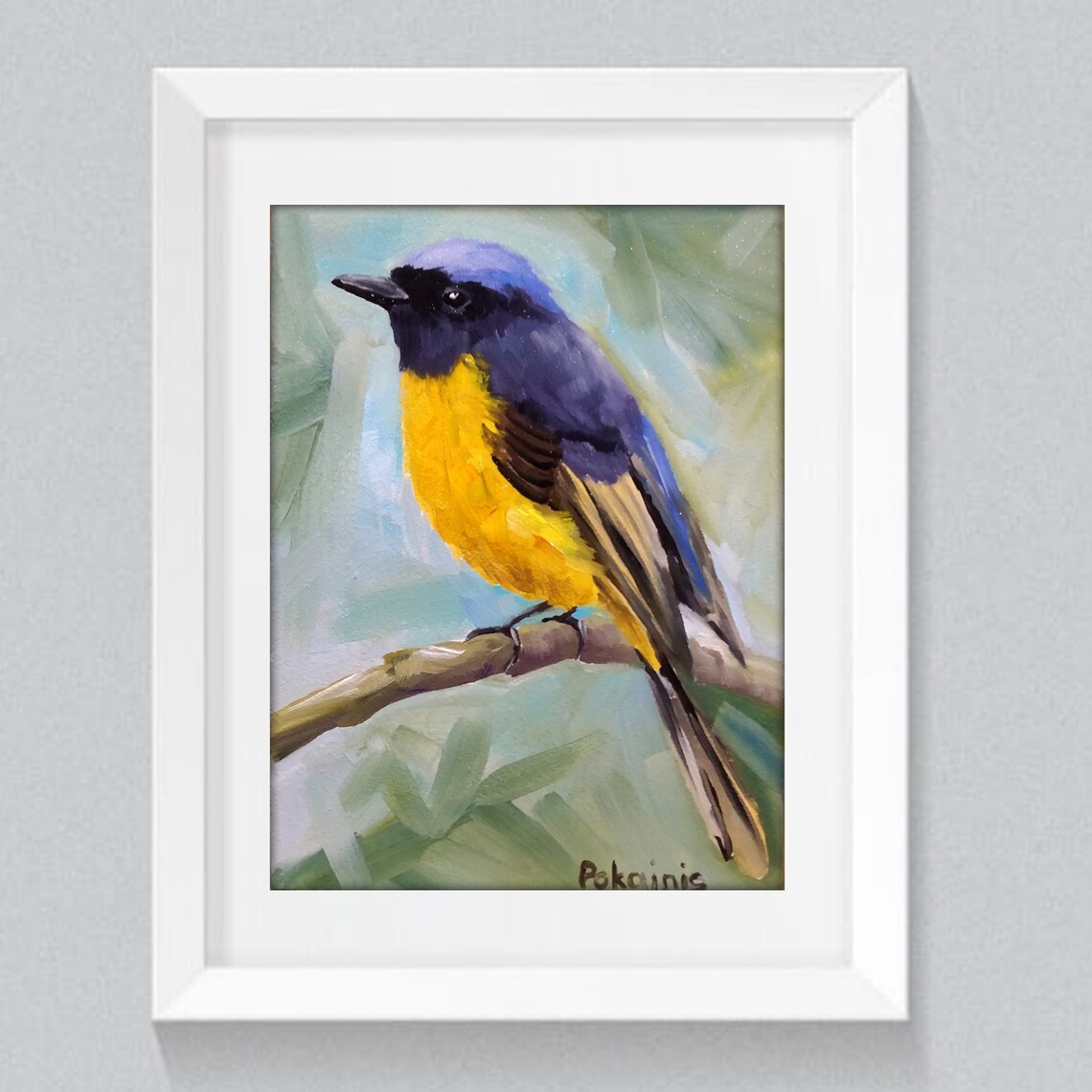 Blue Headed Yellow Breasted Songbird Tiny Oil Painting Poster - Image 2