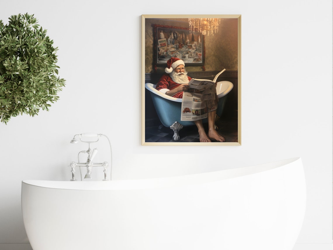 Santa In Blue Bathtub Reading Newspaper Funny Christmas Poster - Image 4