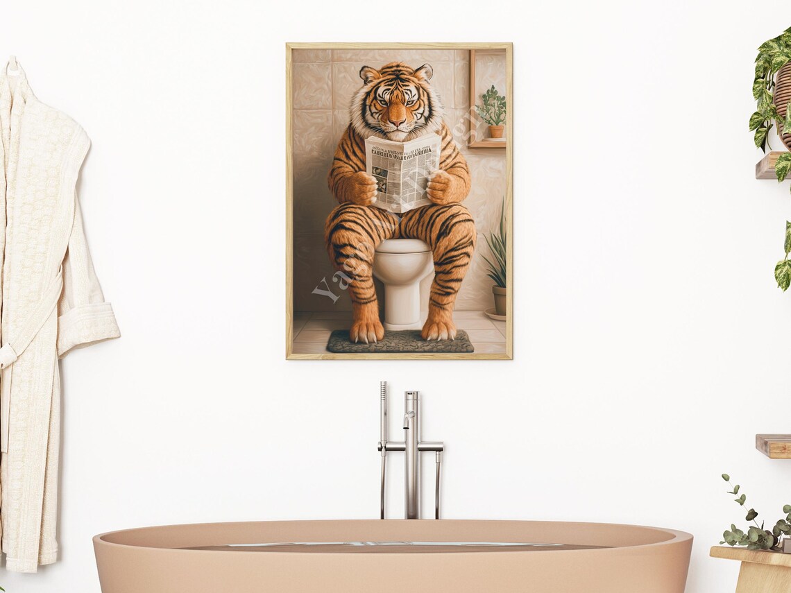 Tiger Reading Newspaper on Toilet Poster Funny Bathroom Humor - Image 2