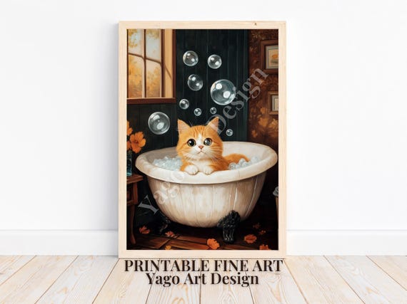Cat In Bathtub Art Print Cute Bubblebath Print Whimsical Cute Cat Wall Art Minimalist Animal Bathroom Painting Bathroom Art Decor
