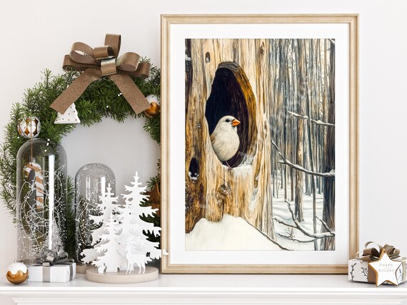 White Bird Peeking From Tree Hollow Snowy Forest Winter Poster