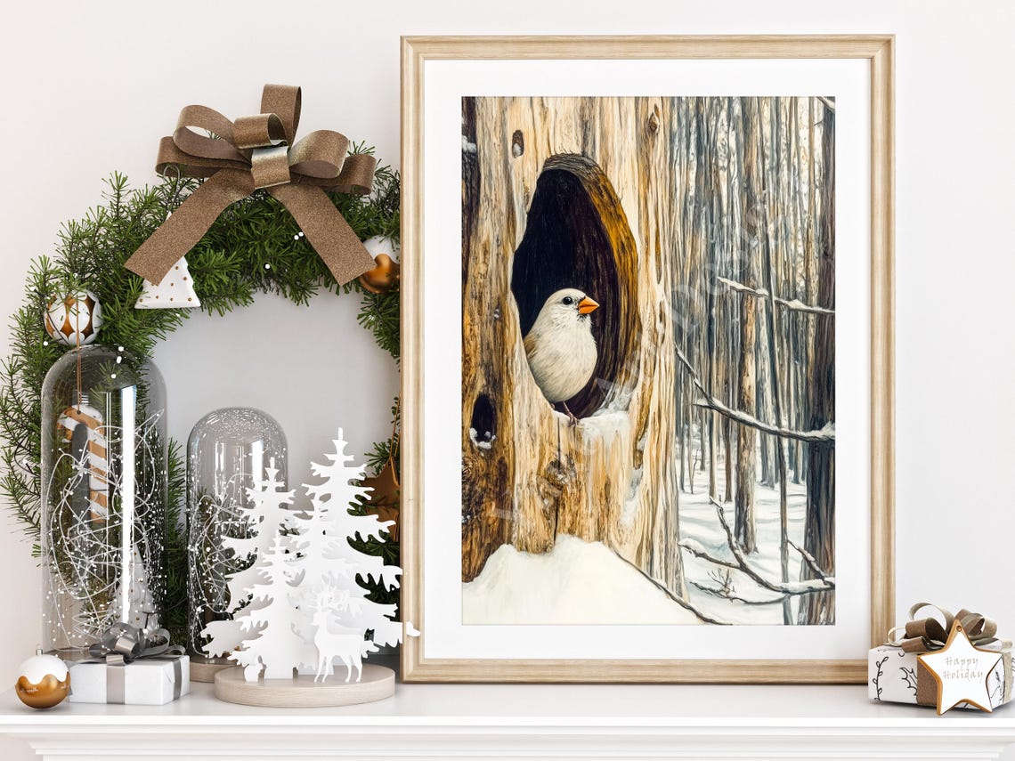 White Bird Peeking From Tree Hollow Snowy Forest Winter Poster
