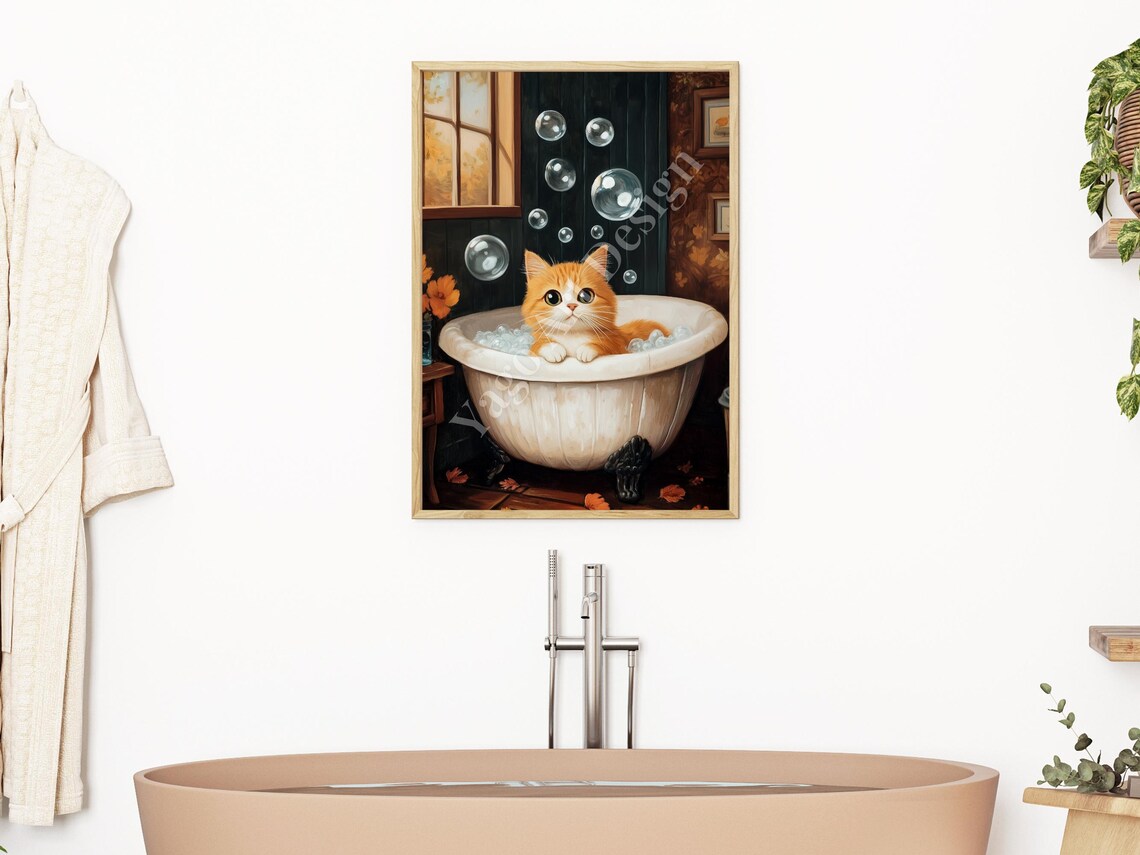 Orange Cat in Bubble Bath Poster Vintage Clawfoot Tub Wall Decor - Image 2