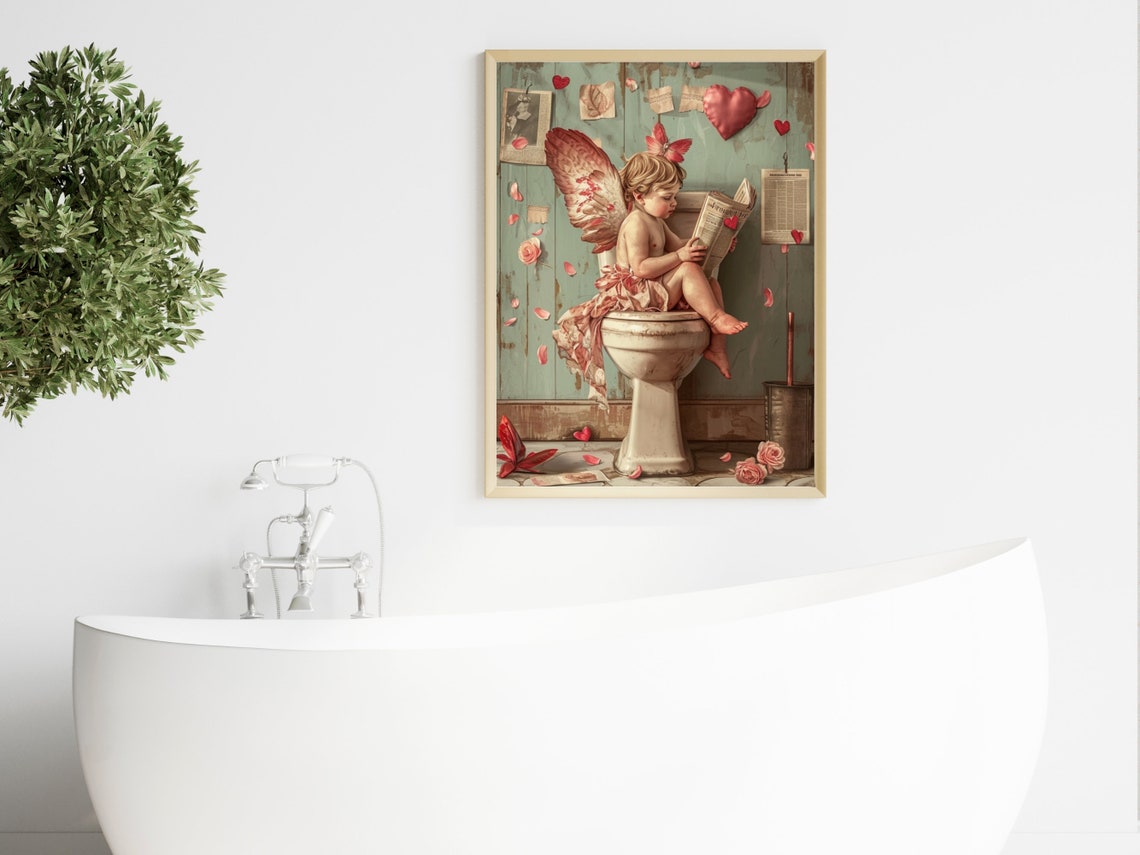 Cupid On Toilet Reading Newspaper Valentine Funny Bathroom Print - Image 2