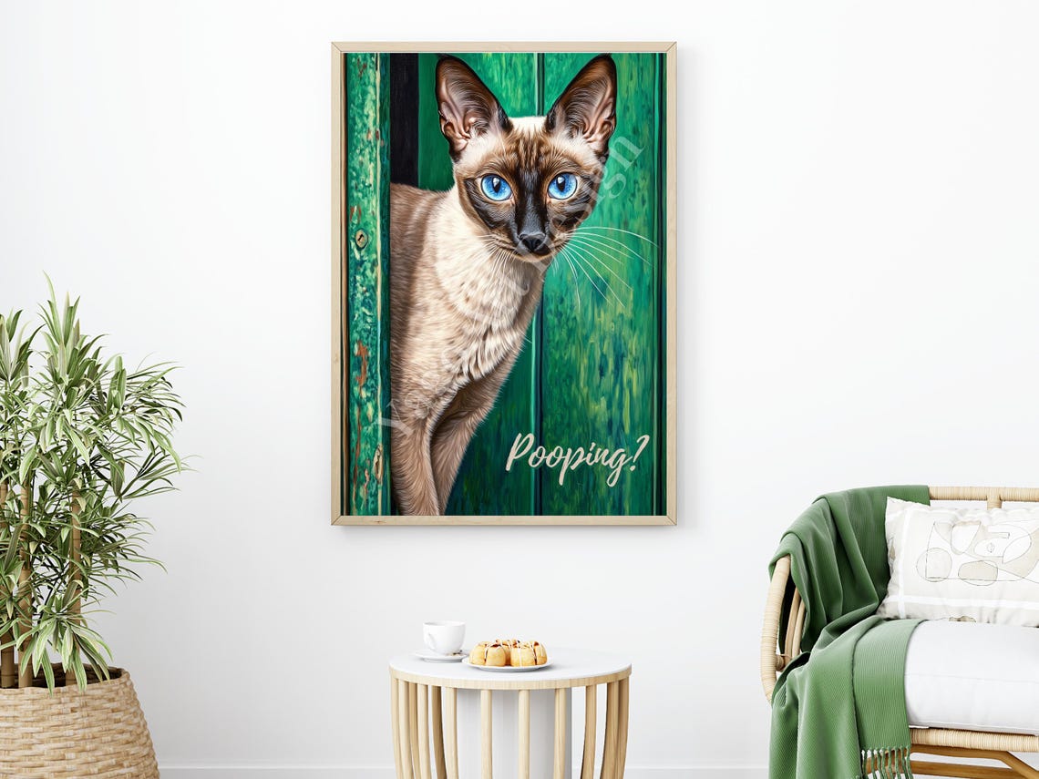 Siamese Cat Peeking Behind Door Pooping Funny Bathroom Poster - Image 2