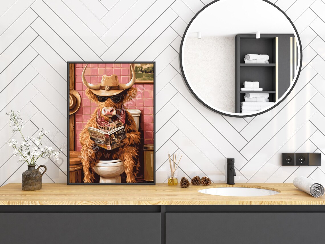 Highland Cow Cowboy Hat Sunglasses Reading Magazine Funny Poster - Image 3