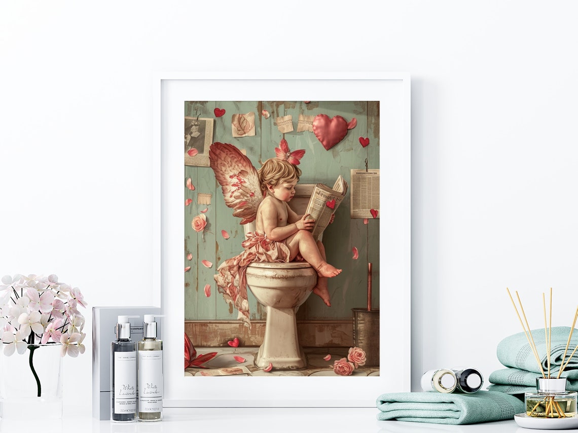 Cupid On Toilet Reading Newspaper Valentine Funny Bathroom Print - Image 4