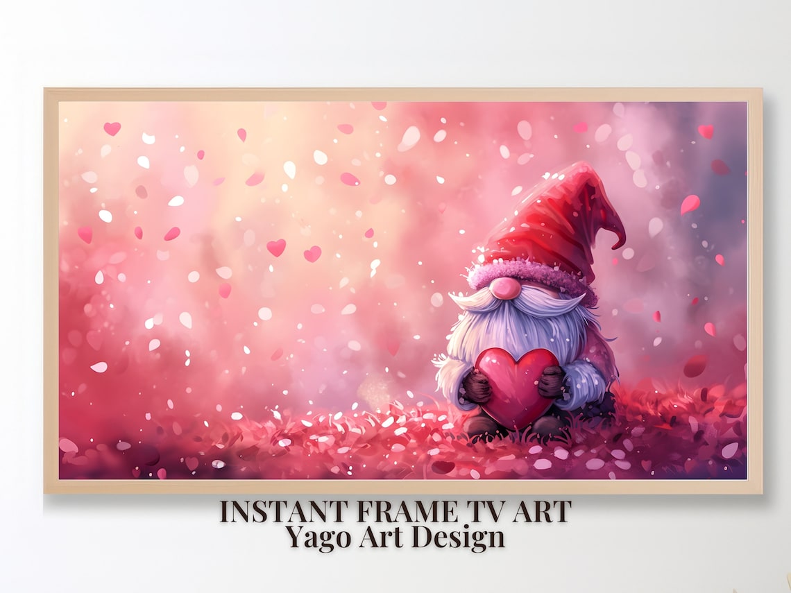 Cute Valentine Gnome Holding Red Heart Pink Floral Love Wall Art
